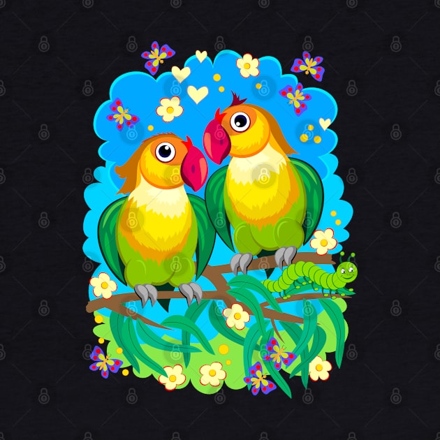 Couple of romantic parrots lovebirds. by Artist Natalja Cernecka